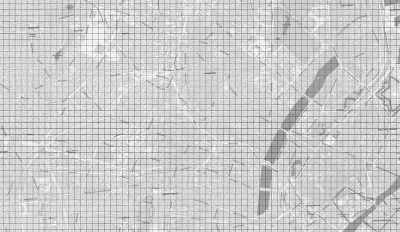 Close-up of a 100 metre grid laid over a street map.