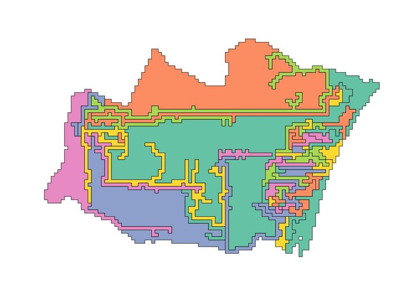 Map of clusters formed directly from grid cells, with jagged, sprawling, interlocking shapes.