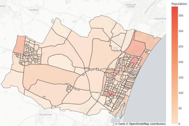 Road-based polygons shaded by interpolated population, with smooth boundaries.