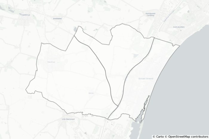 Municipality split by motorways and primary roads into a few large polygons.